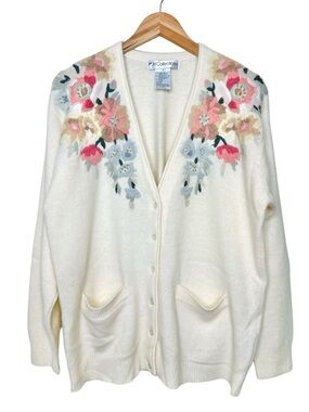 Vintage Grannycore Floral Embroidered Cardigan Sweater Large Lambswool Angora